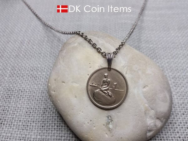 Denmark Little Mermaid coin necklace with Copenhagen vintage 1966-1967 fare token pendant showing sculpture of The Danish Little Mermaid