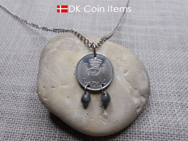 1969 Crown R initial coin necklace with 55 year old 2 ore from Denmark as coin pendant. 55th birthday gift. Danish vintage souvenir