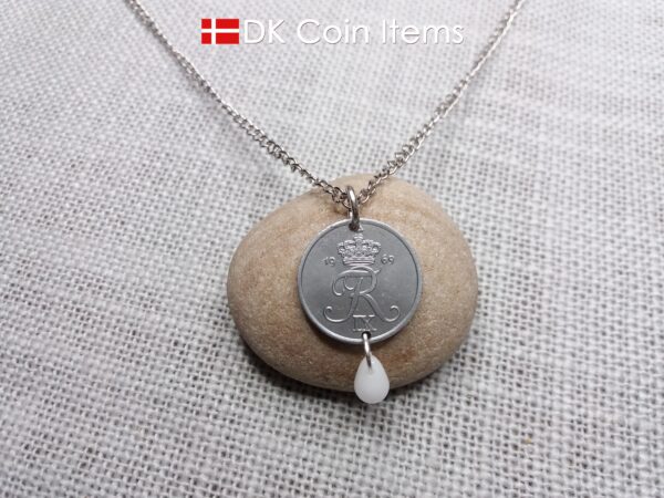 Denmark 1969 Crown R initial coin necklace with 55 year old 2 ore as coin pendant. 55th birthday gift. Danish vintage souvenir