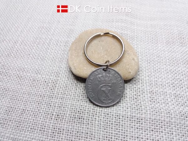 Denmark 1942 coin keychain with 82 year old Crown C initial 5 ore as coin pendant. 82nd birthday gift. Antique Danish vintage souvenir gift