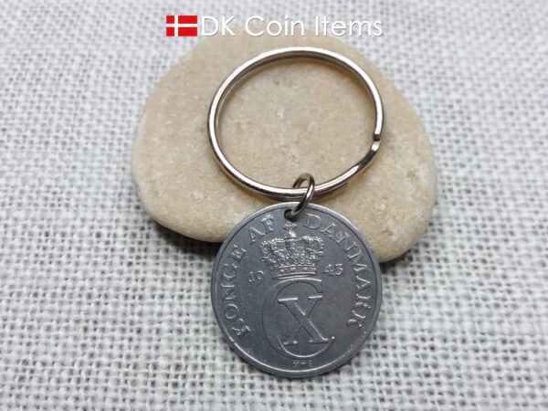 Denmark 1943 coin keychain with 81 year old Crown C initial 5 ore as coin pendant. 81st birthday gift. Antique Danish vintage souvenir gift