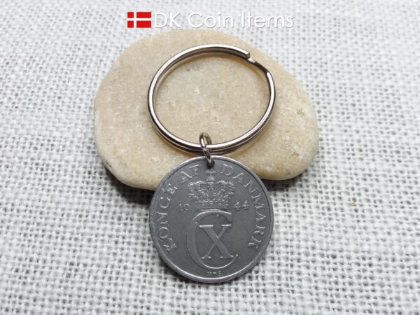 Denmark 1944 coin keychain with 80 year old Crown C initial 5 ore as coin pendant. 80th birthday gift. Antique Danish vintage souvenir gift