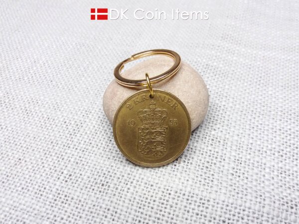 Denmark 1953 coin keychain with 71 year old golden Crown Coat of Arms 2 kroner as coin pendant. 71st birthday gift. Danish vintage souvenir