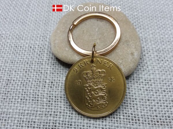 Denmark 1958 coin keychain with 66 year old golden Crown Coat of Arms 2 kroner as coin pendant. 66th birthday gift. Danish vintage souvenir