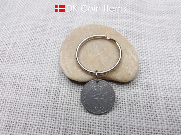 Denmark 1942 coin keychain with 82 year old Crown C initial 2 ore as coin pendant. 82nd birthday gift. Antique Danish vintage souvenir gift