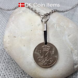 Denmark 1983 coin necklace with 41 year old Crown M initial 10 ore as coin pendant. 41st birthday gift. Danish vintage souvenir