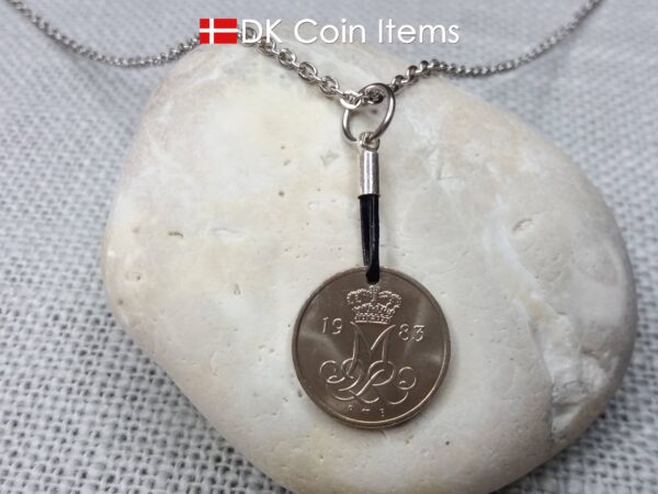 Denmark 1983 coin necklace with 41 year old Crown M initial 10 ore as coin pendant. 41st birthday gift. Danish vintage souvenir