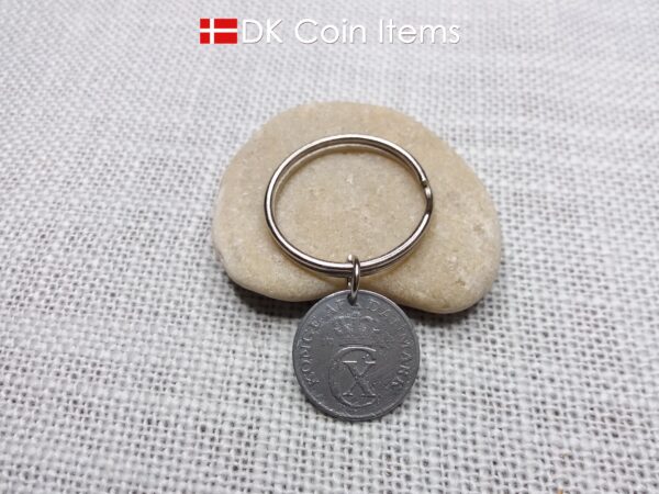 Denmark 1943 coin keychain with 81 year old Crown C initial 2 ore as coin pendant. 81st birthday gift. Antique Danish vintage souvenir gift