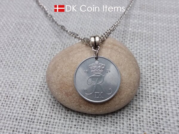 1971 coin necklace with 54 year old Crown R initial 2 ore from Denmark as coin pendant. 53rd birthday gift. Danish vintage souvenir