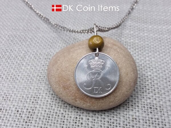 Crown R initial 1971 coin necklace with 53 year old 2 ore from Denmark as coin pendant. 53rd birthday gift. Danish vintage souvenir