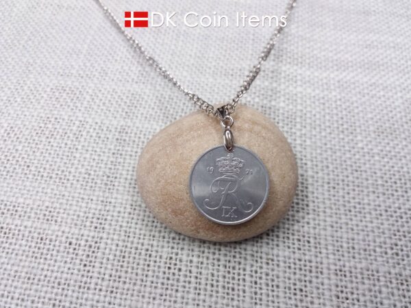 1971 Crown R coin pendant necklace with 53 year old 2 ore from Denmark. 53rd birthday gift. 2nd anniversary gift. Danish vintage souvenir