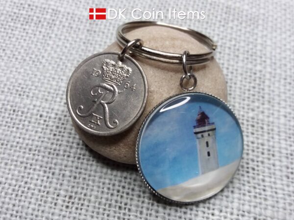 Denmark 1964 coin keychain with 55 year old Crown R 25 ore coin and Rubjerg Knude Lighthouse painting pendant. Danish vintage souvenir gift