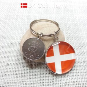 Denmark 1971 coin keychain with 53 year old Crown R 2 ore coin and Danish flag picture pendant. Danish vintage souvenir gift