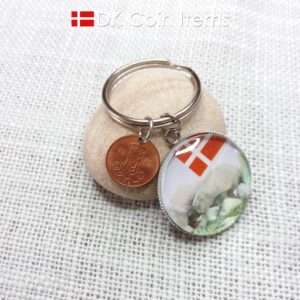 Denmark 1973 coin keychain with 51 year old Crown M 5 ore coin and Stone Age Dolmen painting pendant. Danish vintage souvenir gift