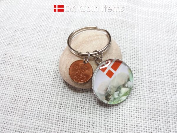 Denmark 1973 coin keychain with 51 year old Crown M 5 ore coin and Stone Age Dolmen painting pendant. Danish vintage souvenir gift