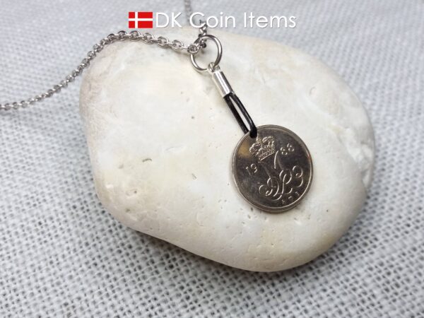 Denmark 1988 coin necklace with 36 year old Crown M initial 10 ore as coin pendant. 36th birthday gift. Danish vintage souvenir