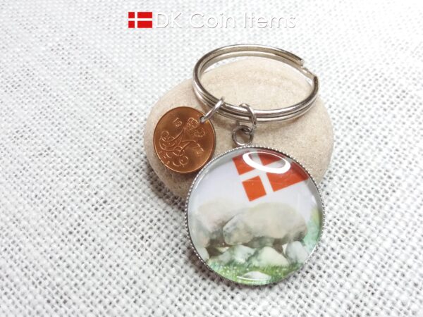 Denmark 1973 coin keychain with 51 year old Crown M 5 ore coin and Stone Age Dolmen painting pendant. Danish vintage souvenir gift