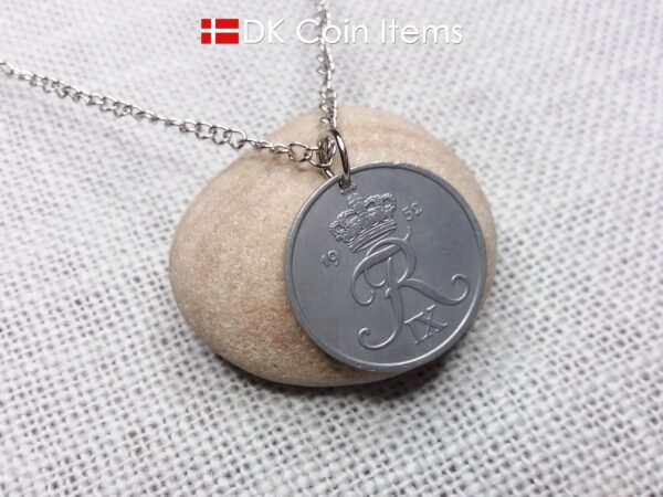 Denmark 1952 Crown R initial coin necklace with 72 year old 5 ore as coin pendant. Unique 72nd birthday gift or Danish vintage souvenir