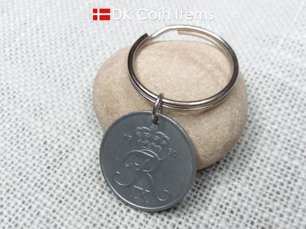 Denmark 1952 Crown R initial coin keychain with 72 year old 5 ore as coin pendant. Unique 72nd birthday gift or Danish vintage souvenir