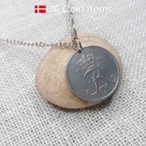 Denmark 1957 Crown R initial coin necklace with 67 year old 5 ore as coin pendant. Unique 67th birthday gift or Danish vintage souvenir