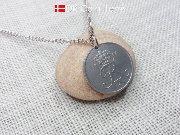 Denmark 1957 Crown R initial coin necklace with 67 year old 5 ore as coin pendant. Unique 67th birthday gift or Danish vintage souvenir