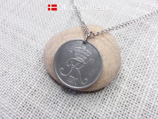 Denmark 1958 Crown R initial coin necklace with 66 year old 5 ore as coin pendant. Unique 66th birthday gift or Danish vintage souvenir