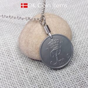 Denmark 1959 Crown R initial coin pendant necklace with 65 year old 5 ore. Unique 65th birthday, 5th anniversary or Danish souvenir gift