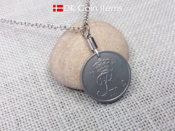 Denmark 1959 Crown R initial coin pendant necklace with 65 year old 5 ore. Unique 65th birthday, 5th anniversary or Danish souvenir gift