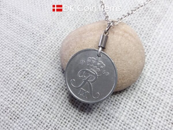 Denmark 1960 Crown R initial coin pendant necklace with 64 year old 5 ore. Unique 64th birthday, 5th anniversary or Danish souvenir gift