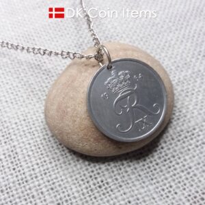 Denmark 1964 Crown R initial coin necklace with 60 year old 5 ore as coin pendant. Unique 60th birthday gift or Danish vintage souvenir