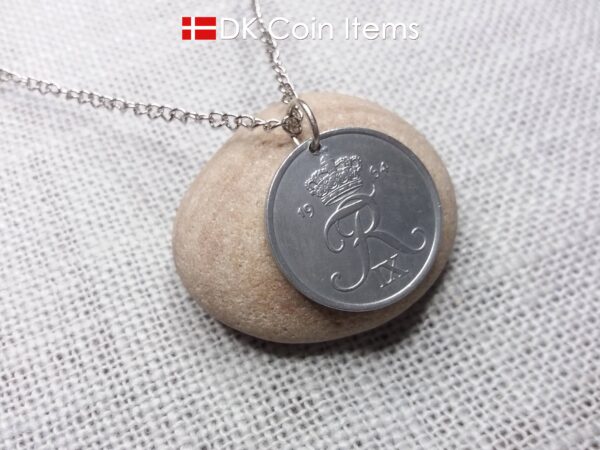 Denmark 1964 Crown R initial coin necklace with 60 year old 5 ore as coin pendant. Unique 60th birthday gift or Danish vintage souvenir