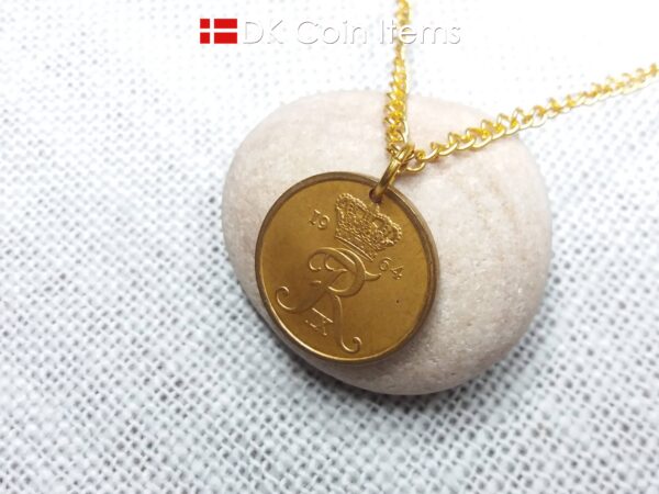 Denmark 1964 coin pendant necklace with Crown R initial. 60 year old 5 ore. 60th birthday gift or Danish vintage souvenir