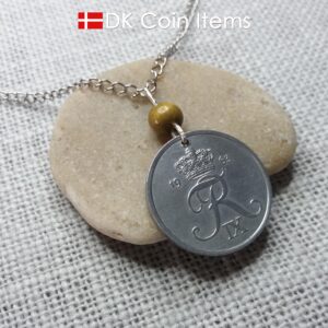 Denmark Crown R 1963 coin necklace with 61 year old 5 ore as coin pendant on greenish tree bead