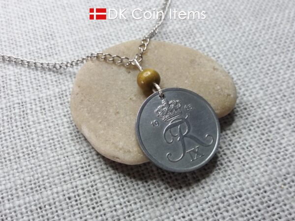 Denmark Crown R 1963 coin necklace with 61 year old 5 ore as coin pendant on greenish tree bead