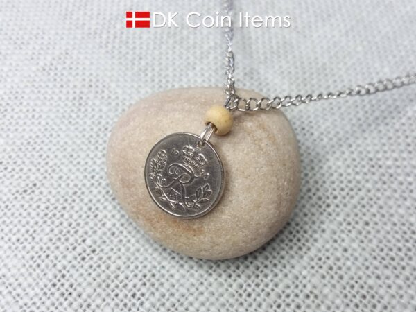 Denmark Crown R 1954 coin necklace with 70 year old 10 ore as coin pendant on wire with tree bead