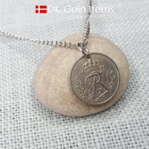 Danish coin pendant necklace with a 1953 Crown R-initial 25 øre. 71st birthday gift. Danish vintage souvenir