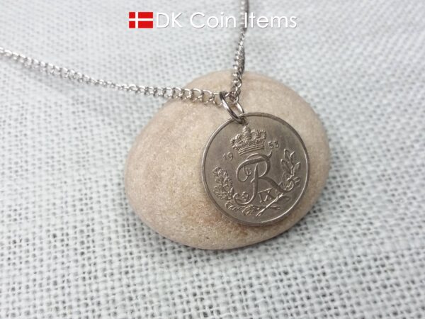 Danish coin pendant necklace with a 1953 Crown R-initial 25 øre. 71st birthday gift. Danish vintage souvenir