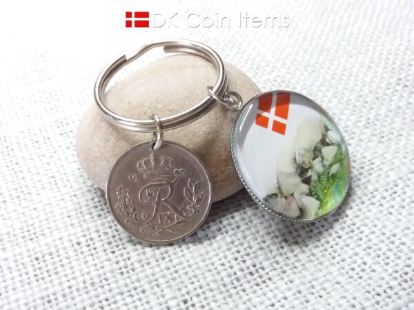 Denmark 1953 coin keychain with 71 year old Crown R-initial 25 ore coin and Stone Age Dolmen painting pendant. Danish vintage souvenir gift