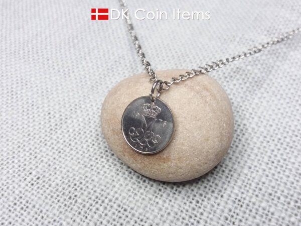 Denmark 1976 coin pendant necklace with 48 year old Crown M initial 10 ore. 48th birthday gift. Danish vintage souvenir