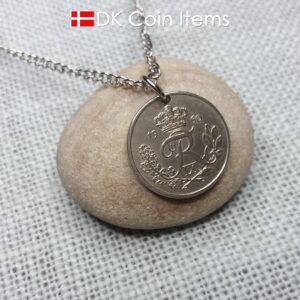 Danish coin pendant necklace with a 1956 Crown R-initial 25 ore. 68th birthday gift. Danish vintage souvenir