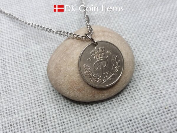 Danish coin pendant necklace with a 1956 Crown R-initial 25 ore. 68th birthday gift. Danish vintage souvenir