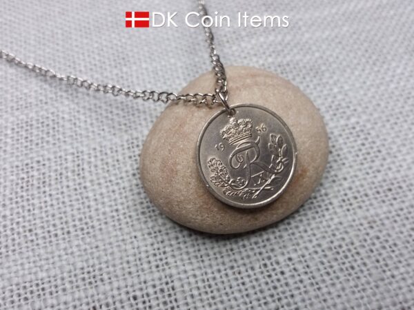 Danish coin pendant necklace with a 1956 Crown R-initial 25 ore. 68th birthday gift. Danish vintage souvenir