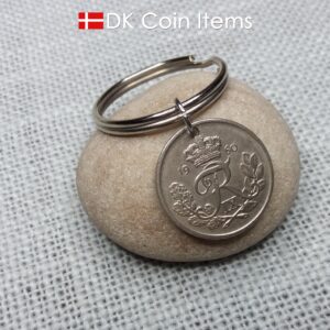 Denmark Crown R 1960 coin keychain with 64 year old 25 ore as coin pendant on 30mm keyring