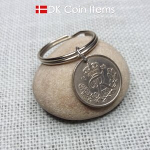 Denmark Crown R 1956 coin keychain with 68 year old 25 ore as coin pendant on 30mm keyring