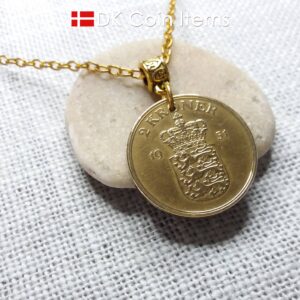 Denmark 1951 coin necklace with 73 year old golden Crown Coat of Arms 2 kroner as coin pendant. 73rd birthday gift. Danish vintage souvenir