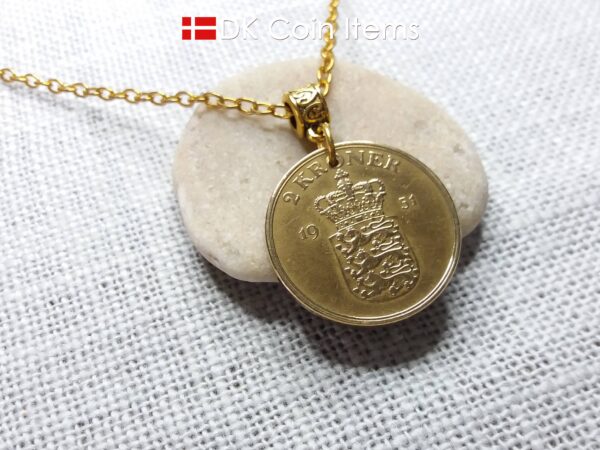 Denmark 1951 coin necklace with 73 year old golden Crown Coat of Arms 2 kroner as coin pendant. 73rd birthday gift. Danish vintage souvenir