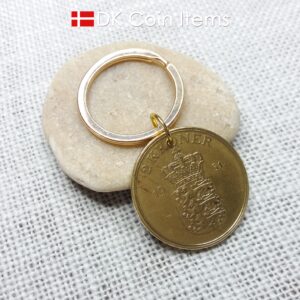 Denmark 1951 coin keychain with 73 year old golden Crown Coat of Arms 2 kroner as coin pendant. 73rd birthday gift. Danish vintage souvenir