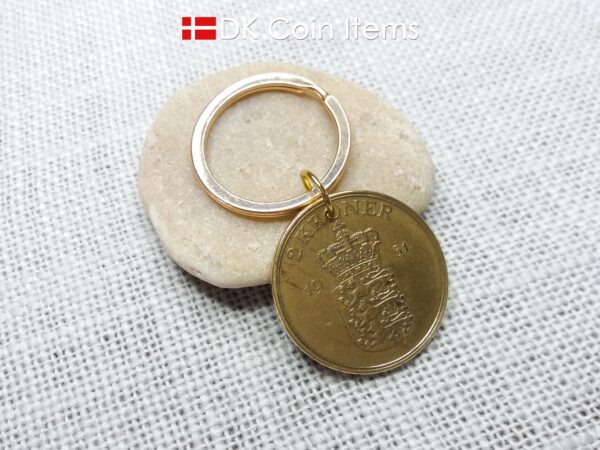 Denmark 1951 coin keychain with 73 year old golden Crown Coat of Arms 2 kroner as coin pendant. 73rd birthday gift. Danish vintage souvenir