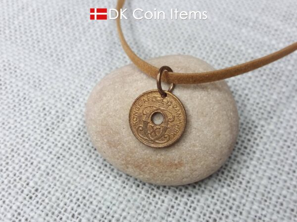 Denmark 1939 Crown C-initial coin pendant necklace with 85 year old copper 1 ore. 85th birthday gift. Antique Danish vintage souvenir gift