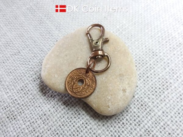 Denmark 1939 Crown C-initial coin pendant charm with 85 year old copper 1 ore on trigger clip. 85th birthday gift. Danish vintage souvenir